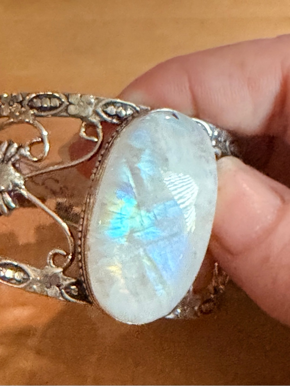 Beautiful Rainbow Moonstone Bangle Bracelet - 925 Plated/Stamped